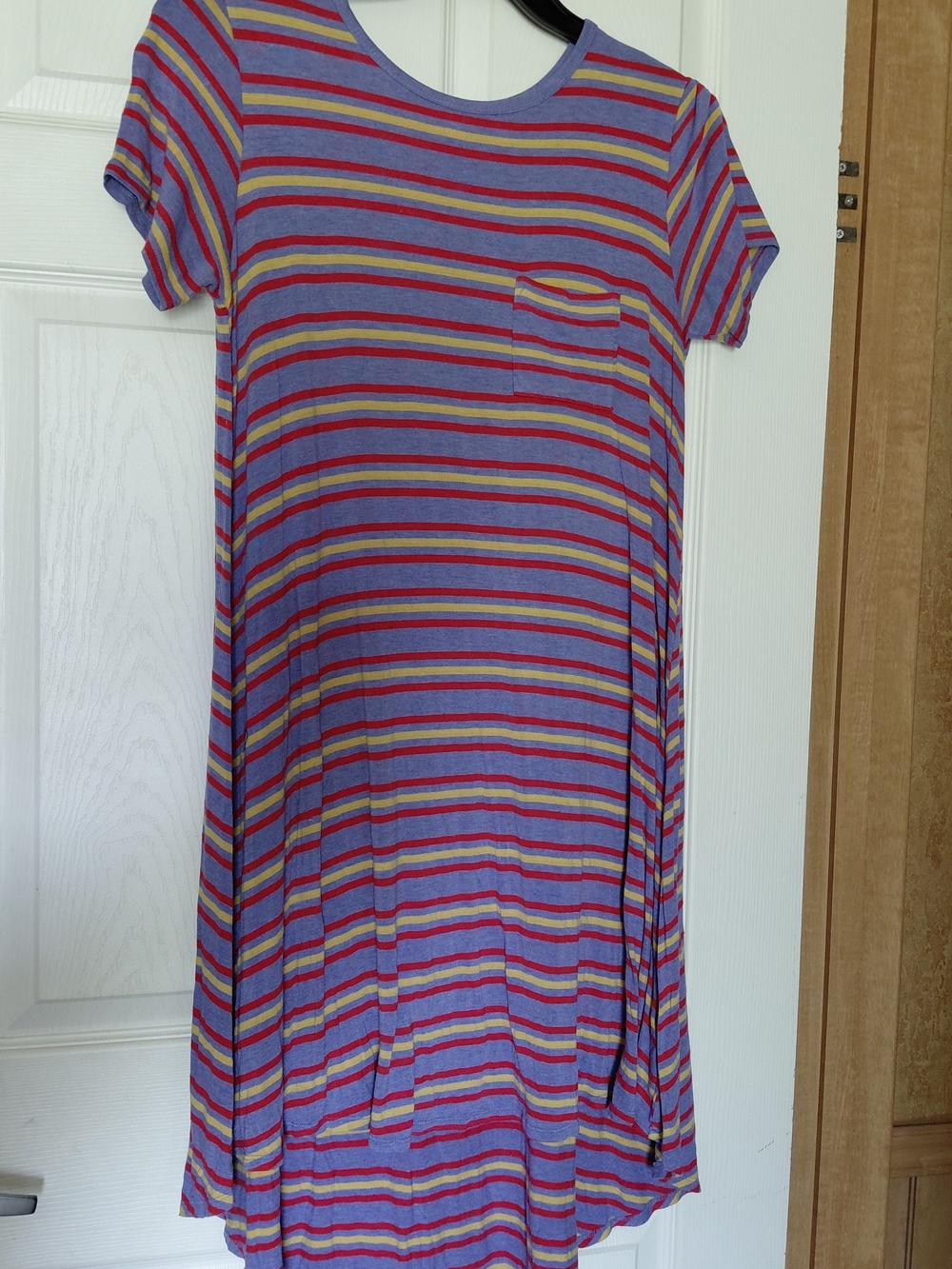 LuLaRoe Purple Striped Pocket Dress with Rainbow Accents